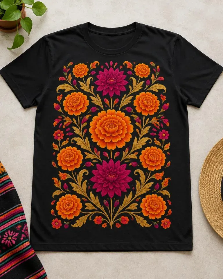 Playera con diseño: Floral sobre fondo negro